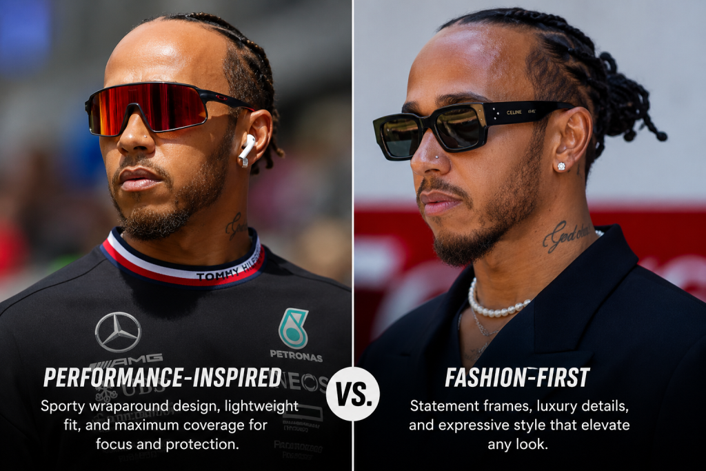 Lewis Hamilton wearing sporty wraparound sunglasses beside a fashion-first look with bold square frames.