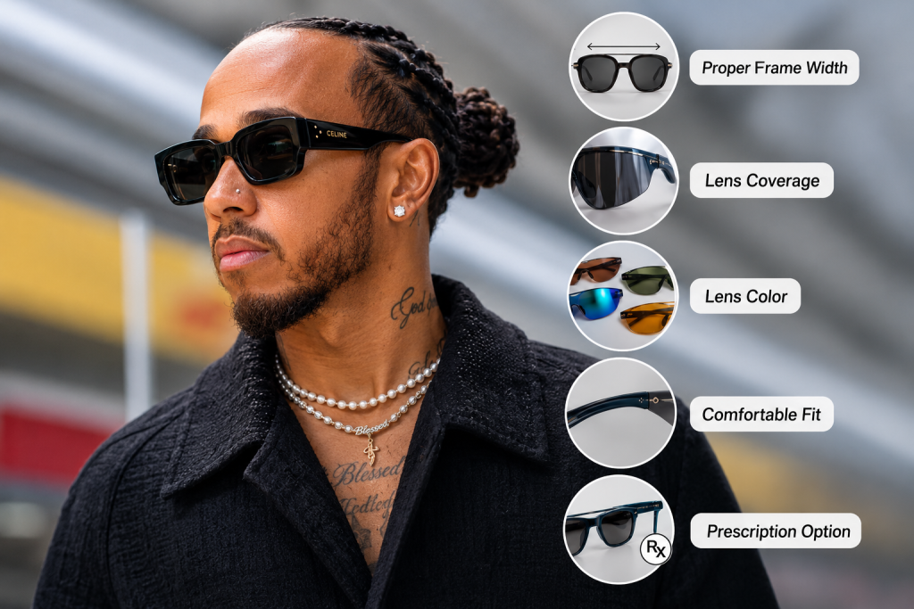 Lewis Hamilton wearing black square sunglasses beside callouts for frame width, lens coverage, lens color, comfortable fit, and prescription options.