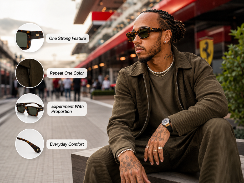 Lewis Hamilton wearing tortoiseshell sunglasses with callouts for choosing one strong feature, repeating a color, experimenting with proportion, and prioritizing everyday comfort.