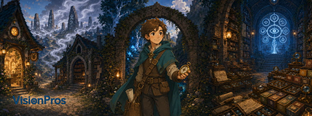 Young adventurer overlooks Maculara, the three roads, and the Clear Sight Treasure in a contact lens fantasy quest