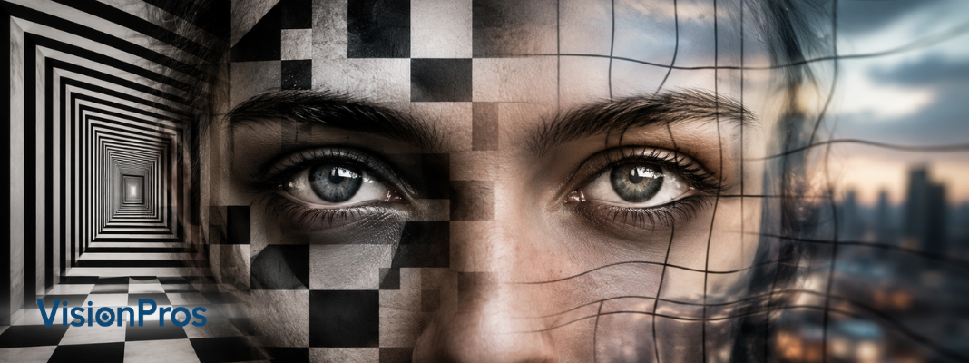 Cinematic close-up of both eyes surrounded by geometric optical illusions and warped city grid lines representing distorted vision