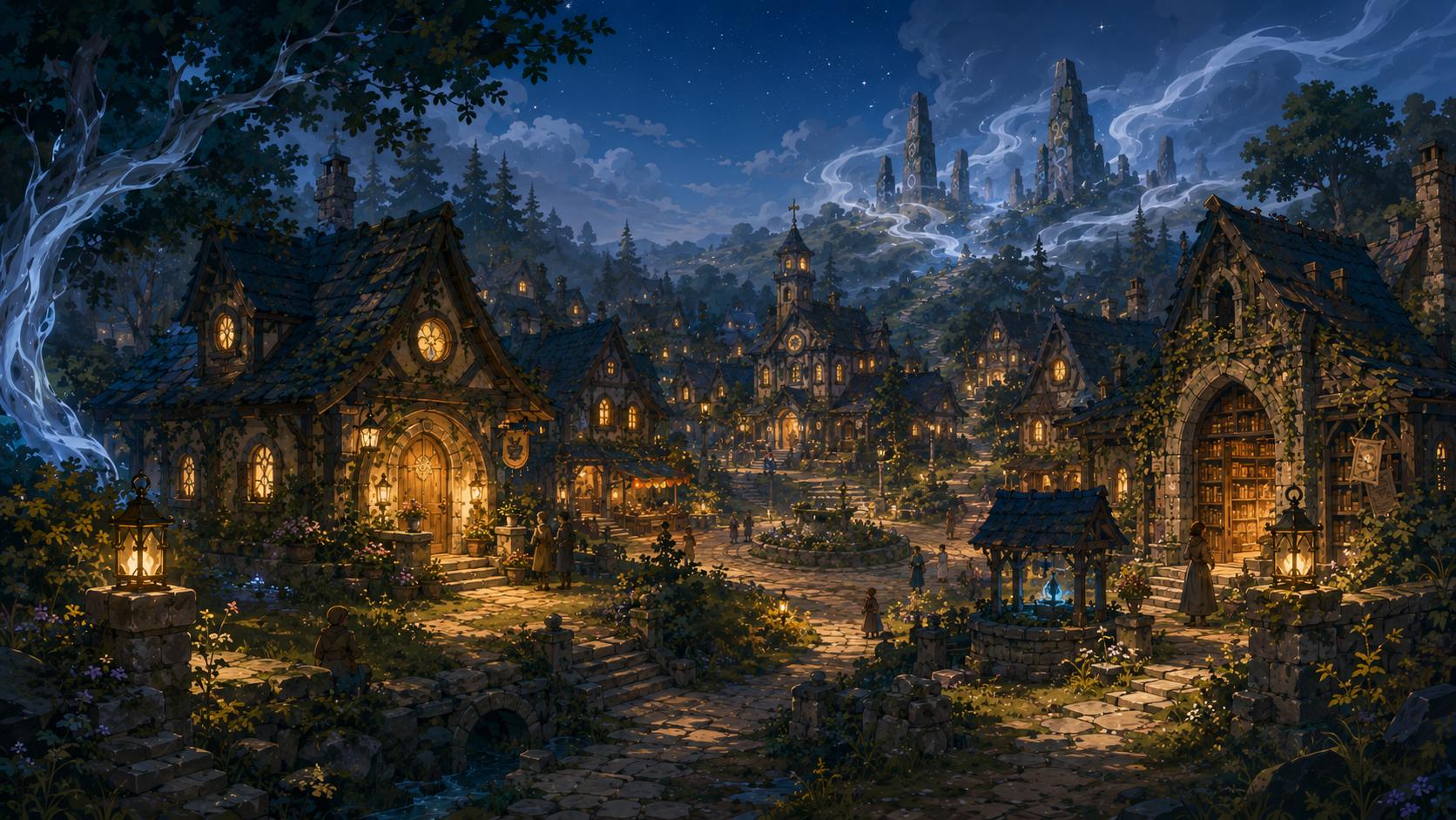 A silver mist settling over a village beneath painted rooftops