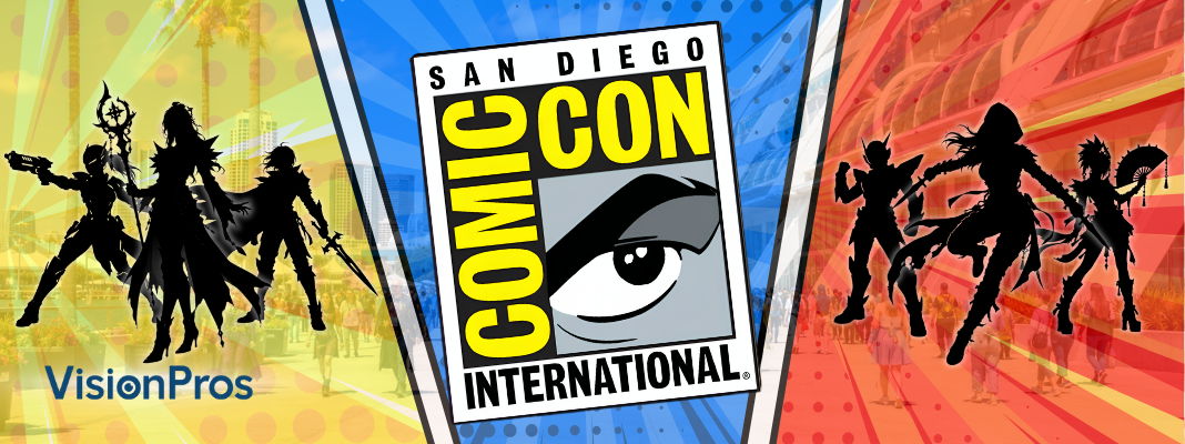 San Diego Comic-Con International graphic with silhouetted cosplayers, bright comic-style panels, and a convention crowd background