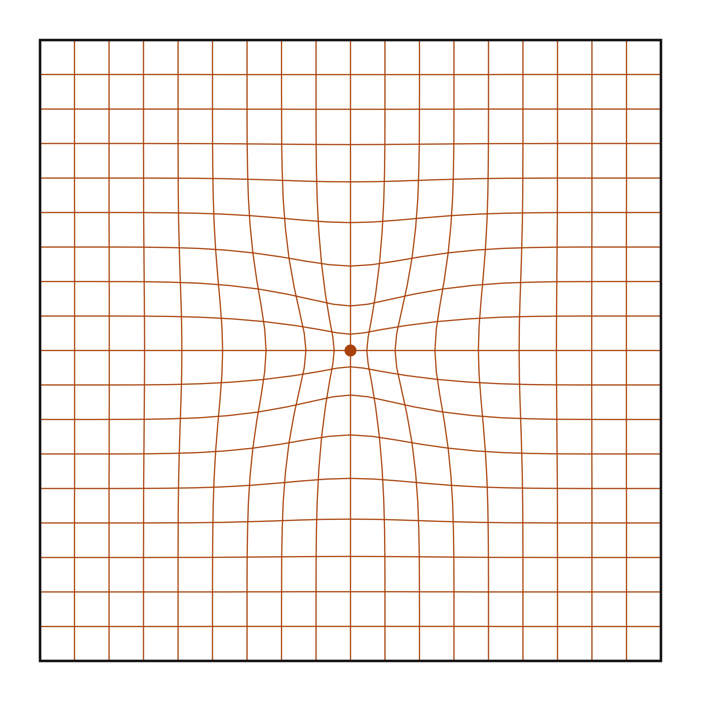 A grid with wavy, bent lines that pull toward a center dot, representing metamorphopsia, a warning sign of macular changes.