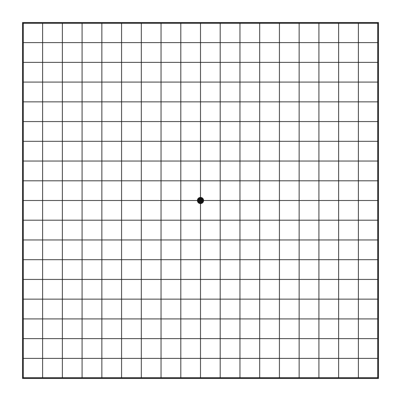 An evenly spaced grid of straight horizontal and vertical lines with a center dot, representing how a grid looks with healthy central vision.