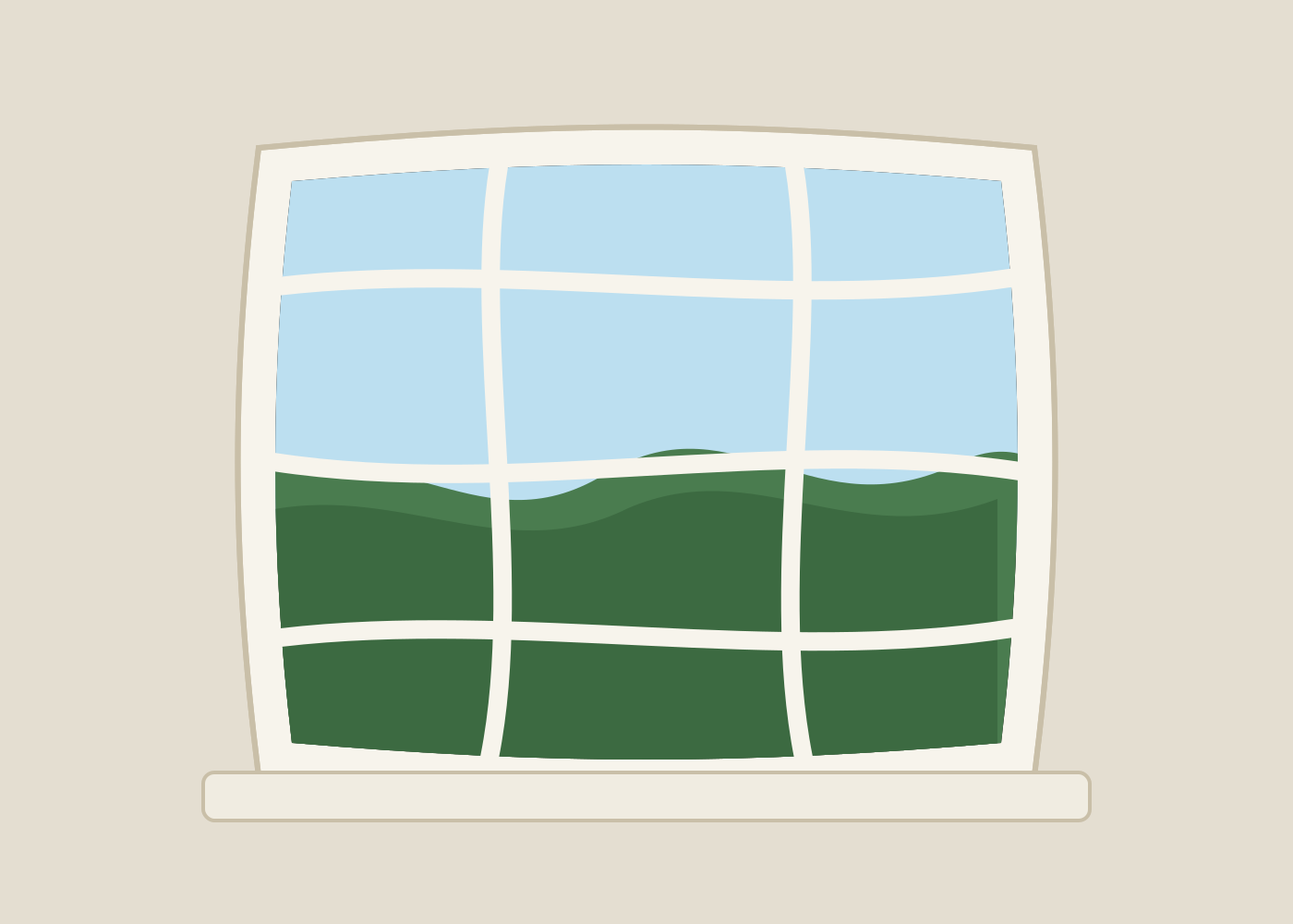 An illustration of a window with a warped frame and bent mullions, seen against a blue sky and green trees, representing how real objects can look warped with a vision change.