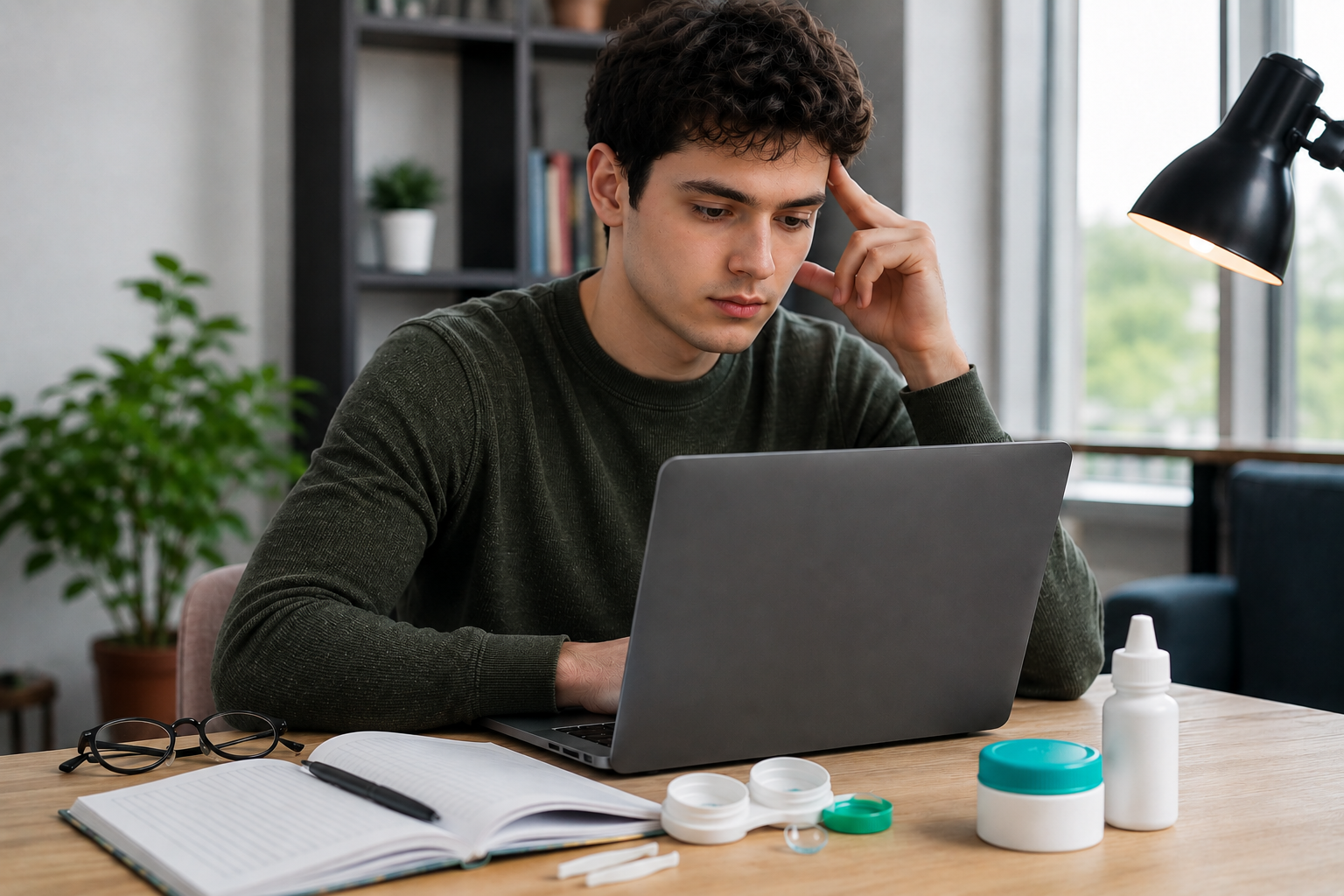 Desk with glasses, contact lens case, and eye drops for a student's eye health routine