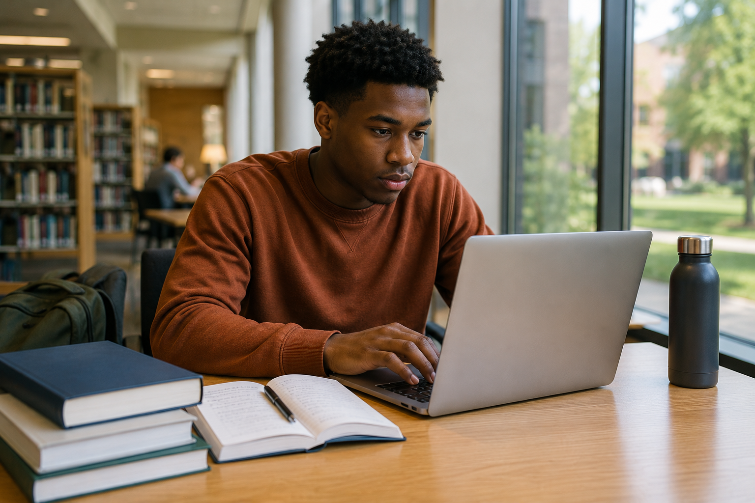 Student studying with a laptop at a library table