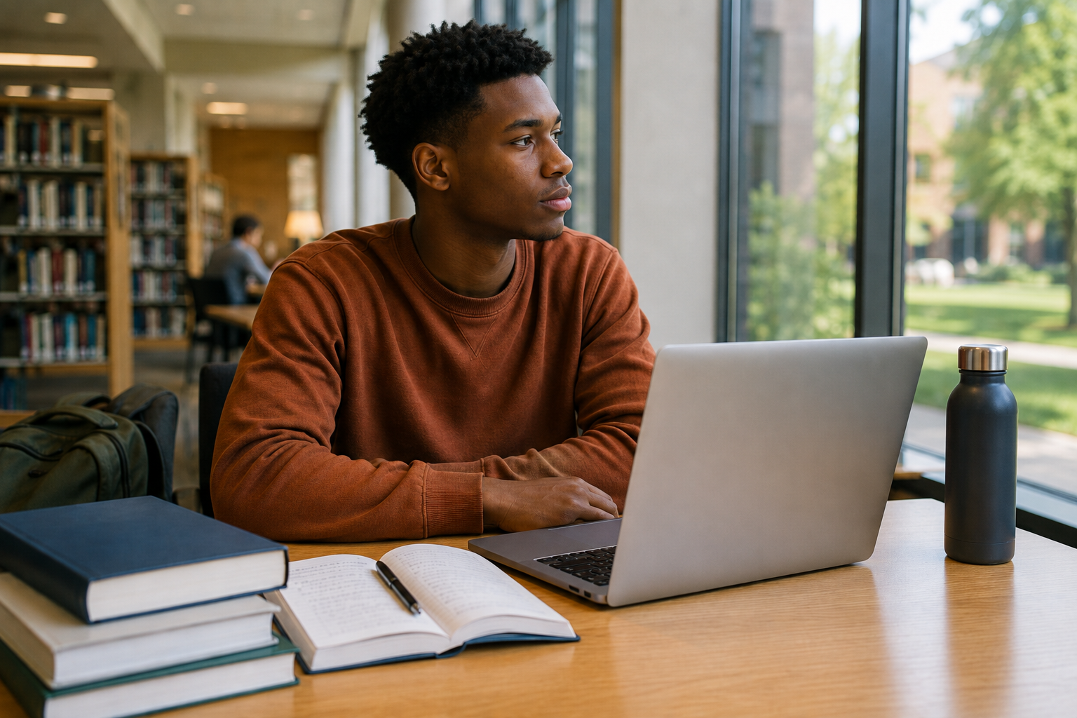 Student looking up from a laptop to rest the eyes