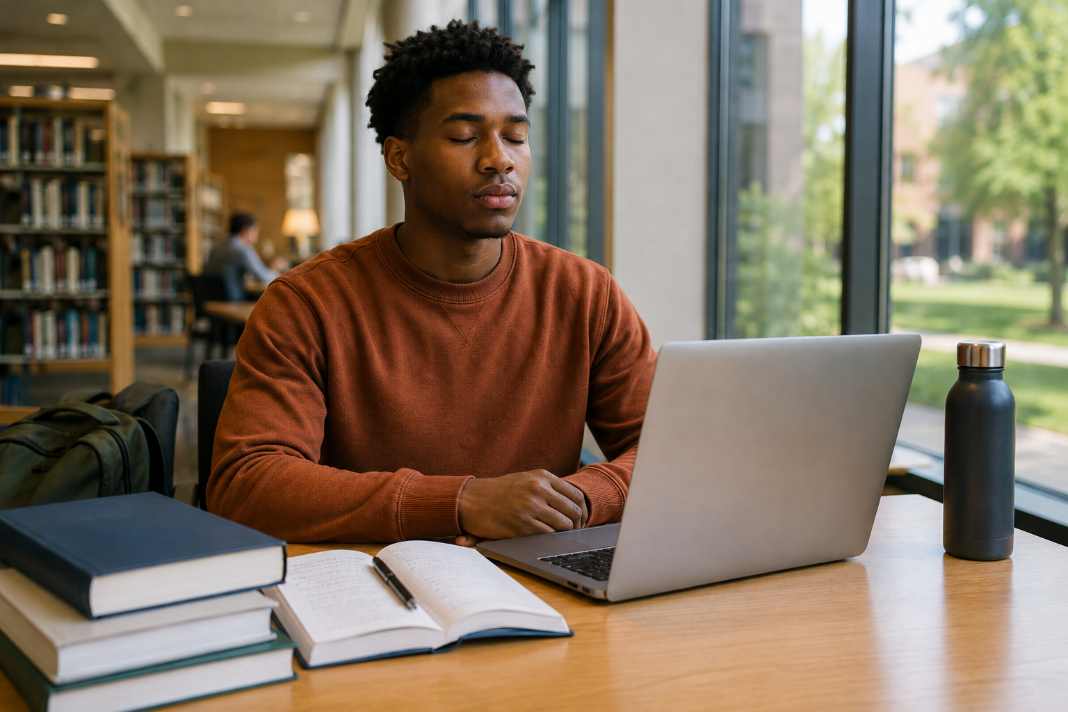 Student returning focus to a laptop after a break
