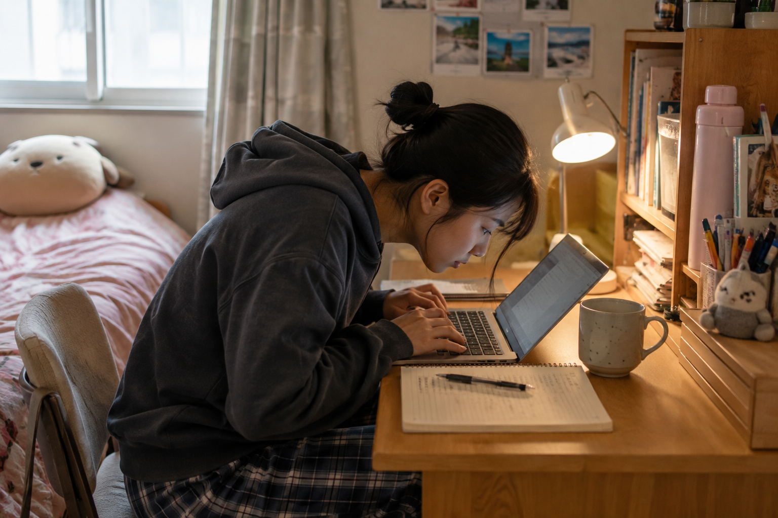 Student sitting close to a laptop screen at a desk