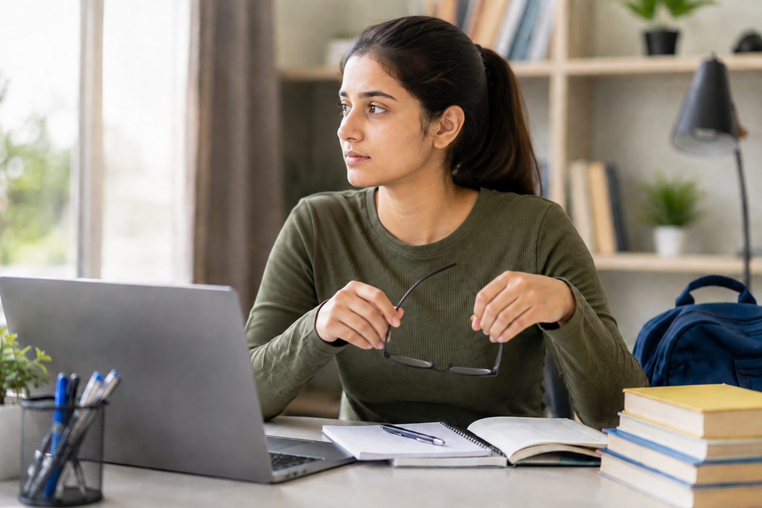 Student looking relaxed and comfortable after a screen break