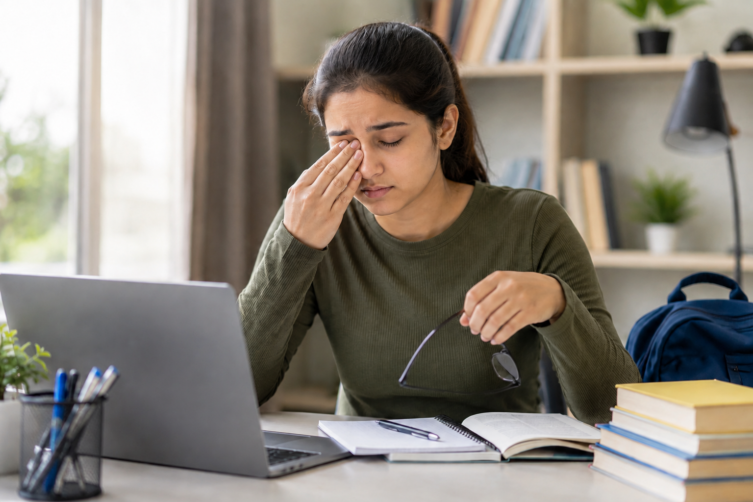 Student rubbing tired eyes after a long study session