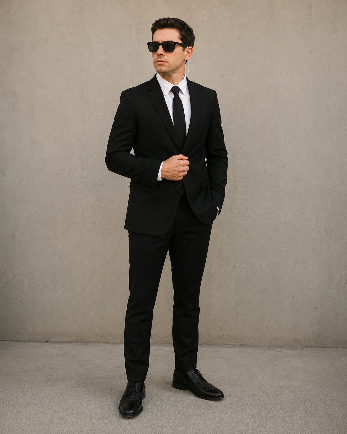 Person in a black suit and black rectangular sunglasses styled as a secret agent costume