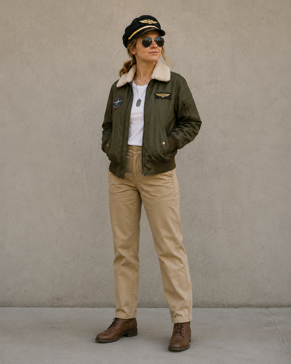 Person in an olive bomber jacket, pilot cap, and aviator sunglasses styled as a pilot costume