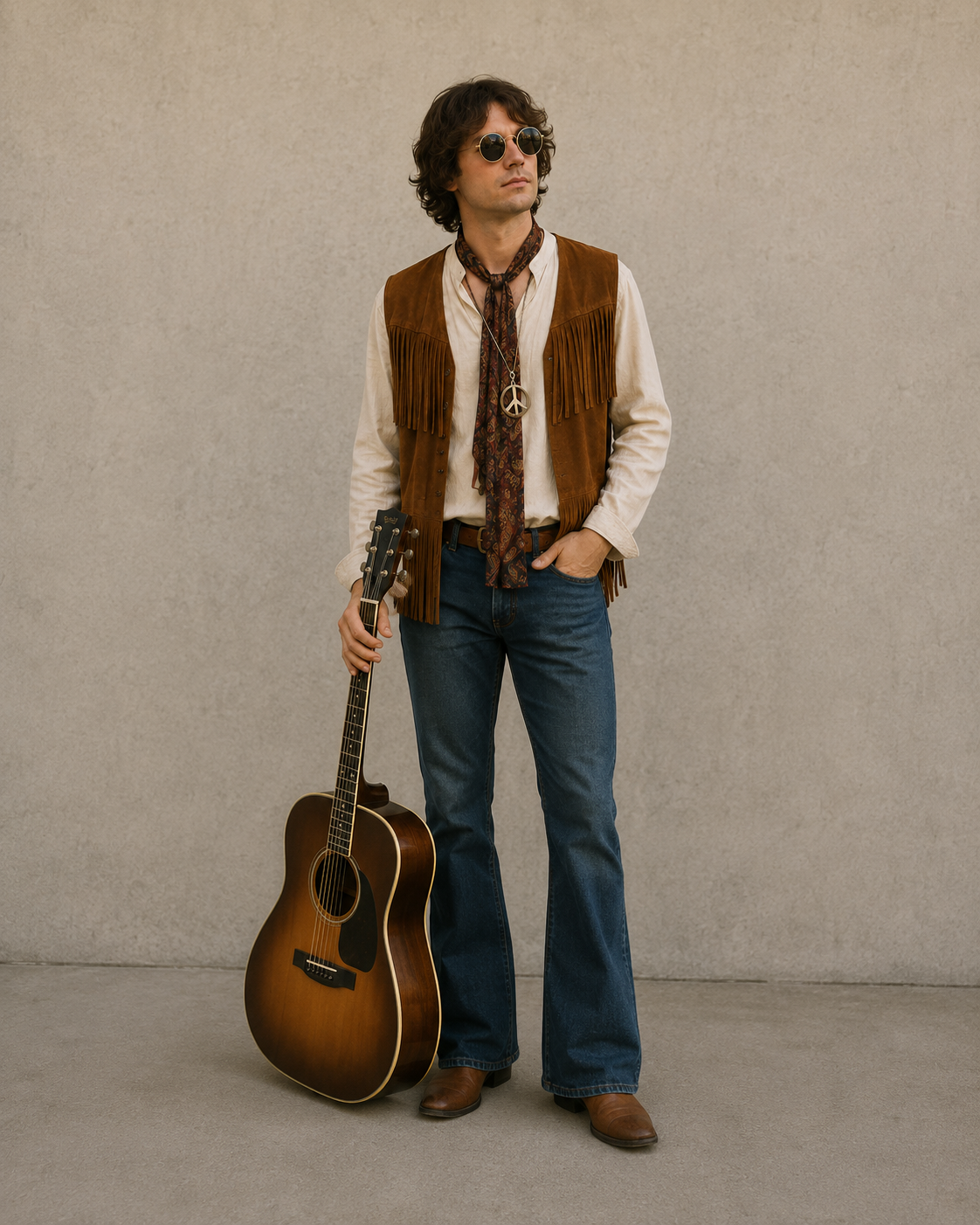Person in a fringed vest, flared jeans, and round sunglasses styled as a 1970s musician costume
