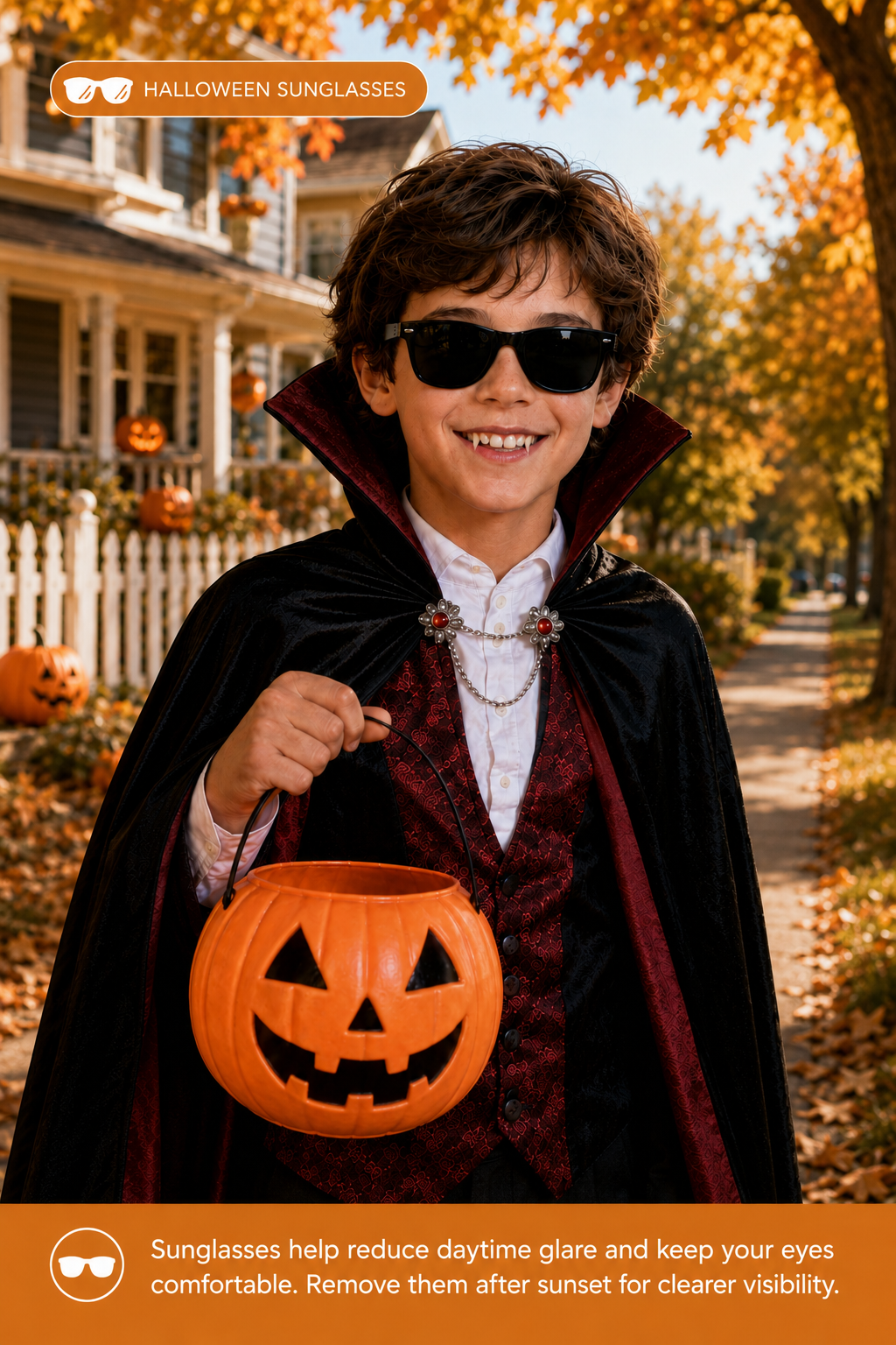 Boy in vampire costume wearing Halloween sunglasses while trick-or-treating in daylight