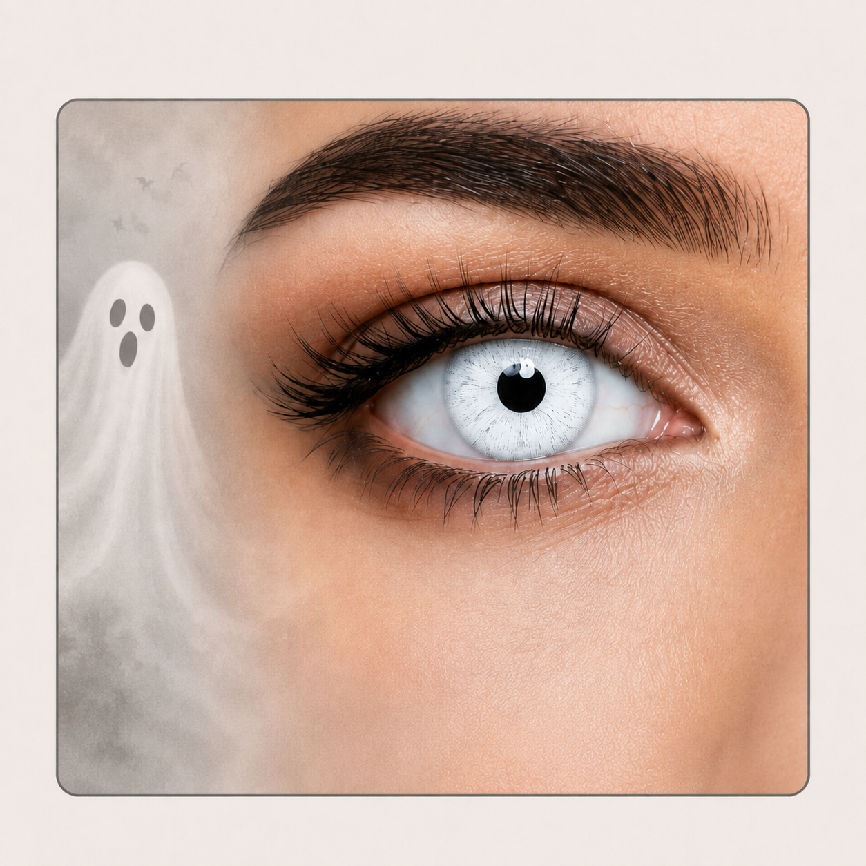 Close up of a white colored contact lens with a ghost themed background