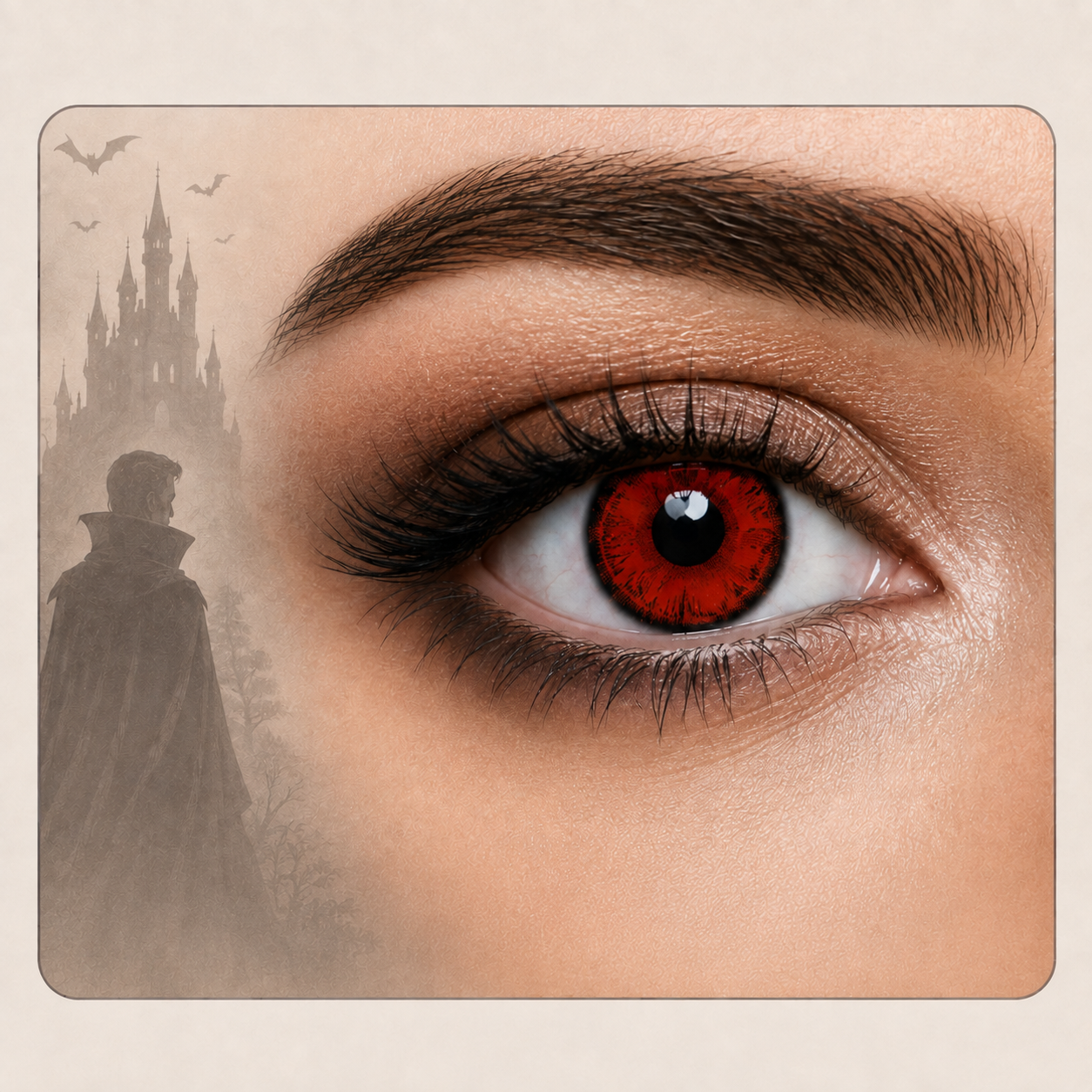 Close up of a red colored contact lens with a vampire castle themed background