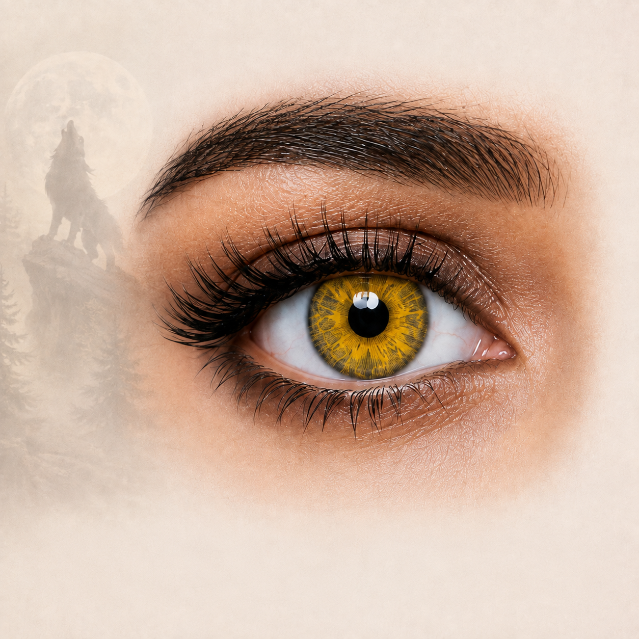 Close up of a yellow colored contact lens with a howling wolf themed background