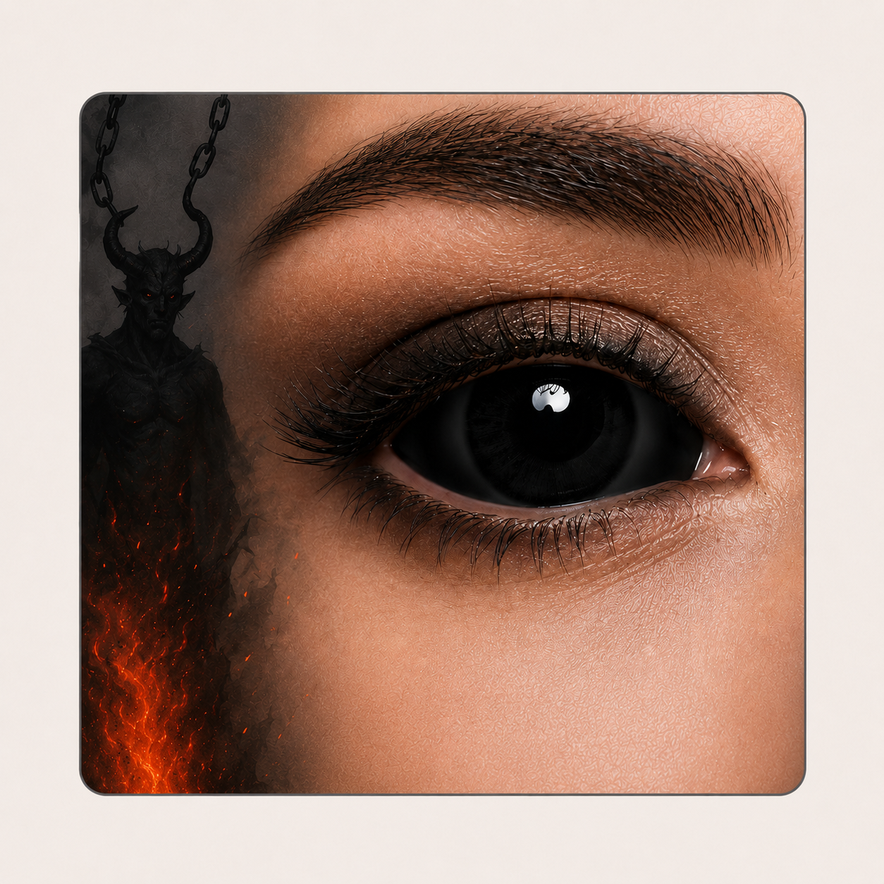 Close up of a black colored contact lens with a demon themed background