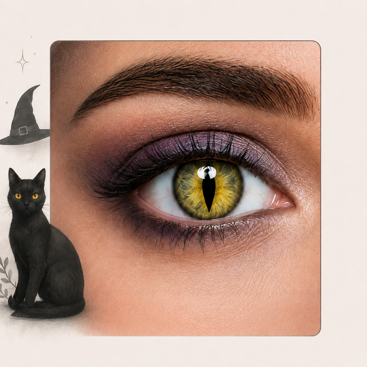 Close up of a cat eye colored contact lens with a witch and black cat themed background