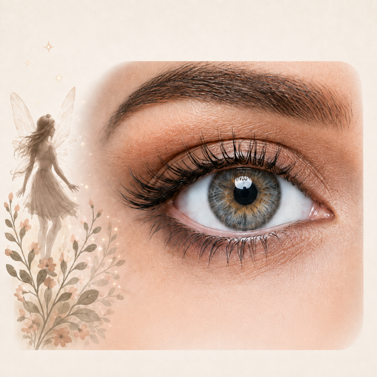 Close up of a natural colored contact lens with a fairy themed background