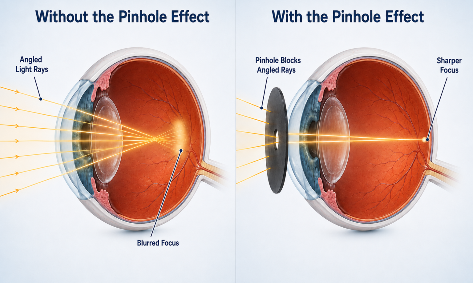 Diagram showing how the pinhole effect narrows light entering the eye