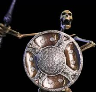 Skeleton banging on a shield meme