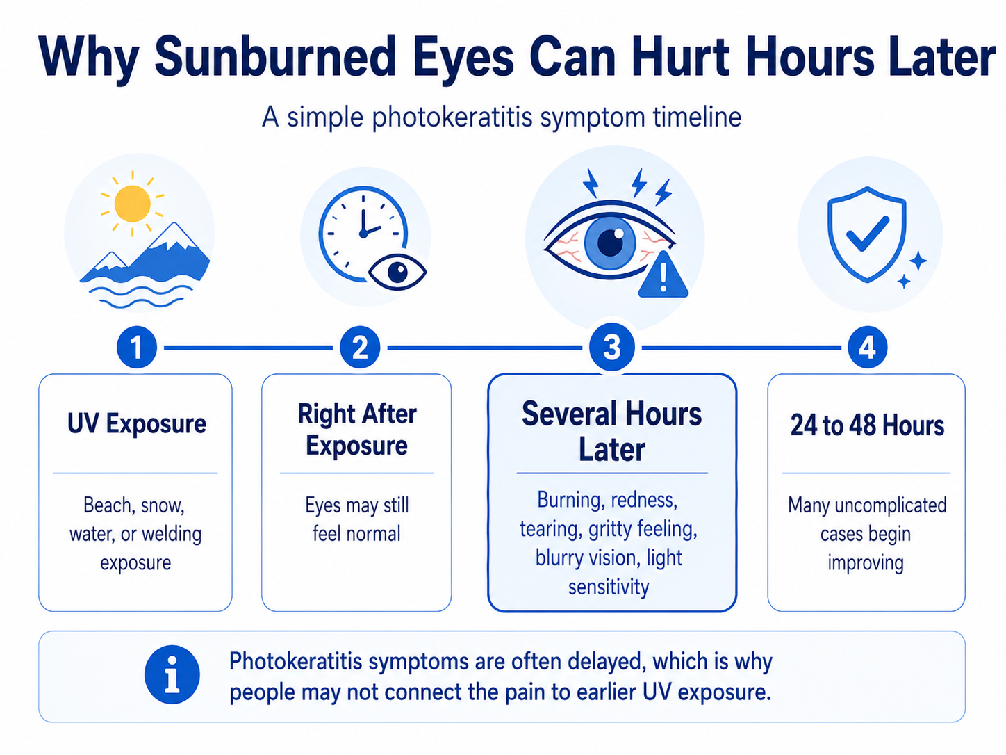 Photokeratitis symptoms can appear several hours after UV exposure