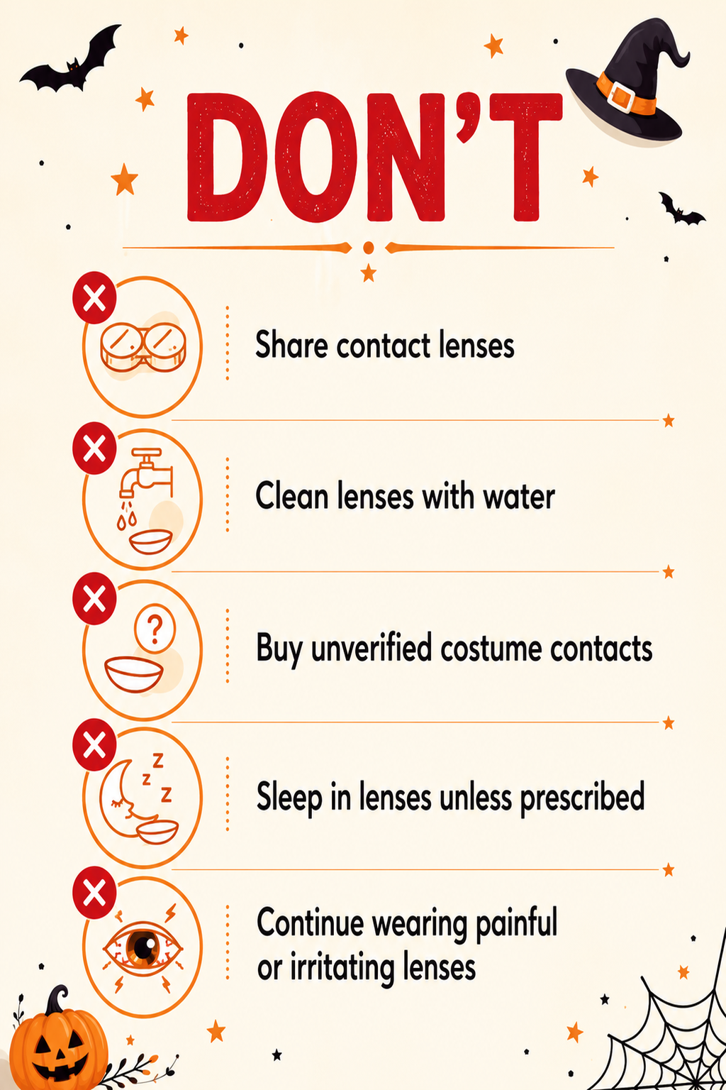 Halloween contact lens safety checklist showing what not to do