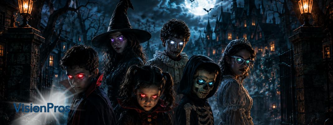 Group of trick-or-treaters in spooky Halloween costumes with glowing colored contact lenses on a moonlit street