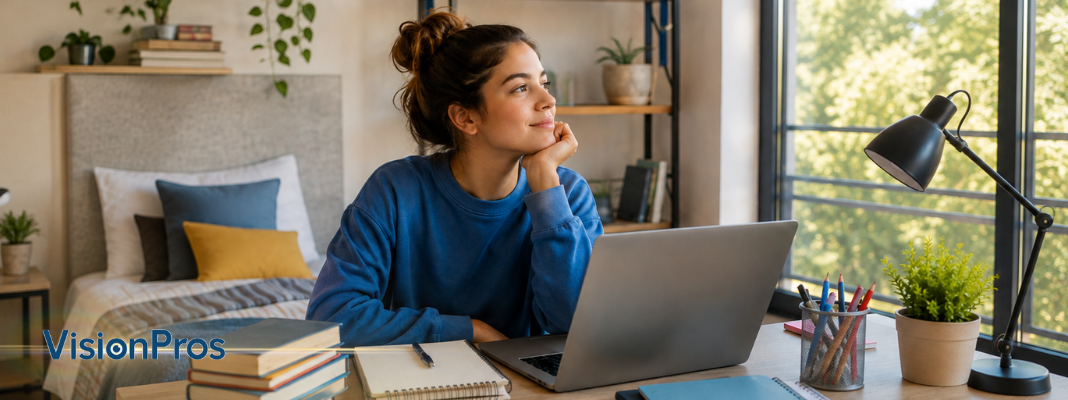 Student taking a screen break while studying on a laptop to reduce digital eye strain