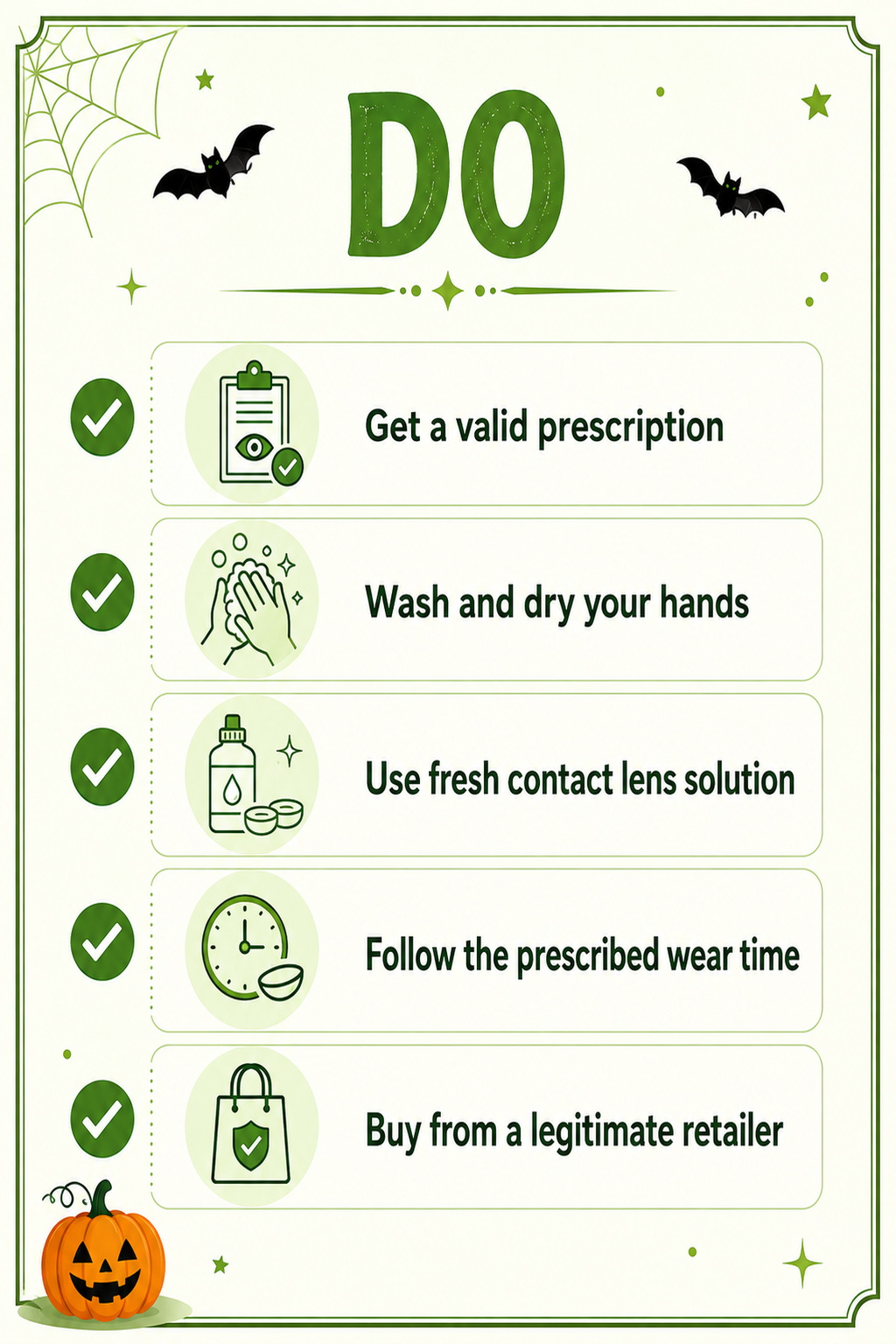 Halloween contact lens safety checklist showing what to do