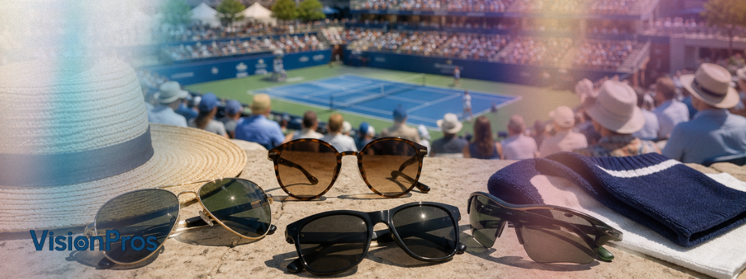 US Open sunglasses displayed courtside at a sunny tennis stadium with spectators and players in the background