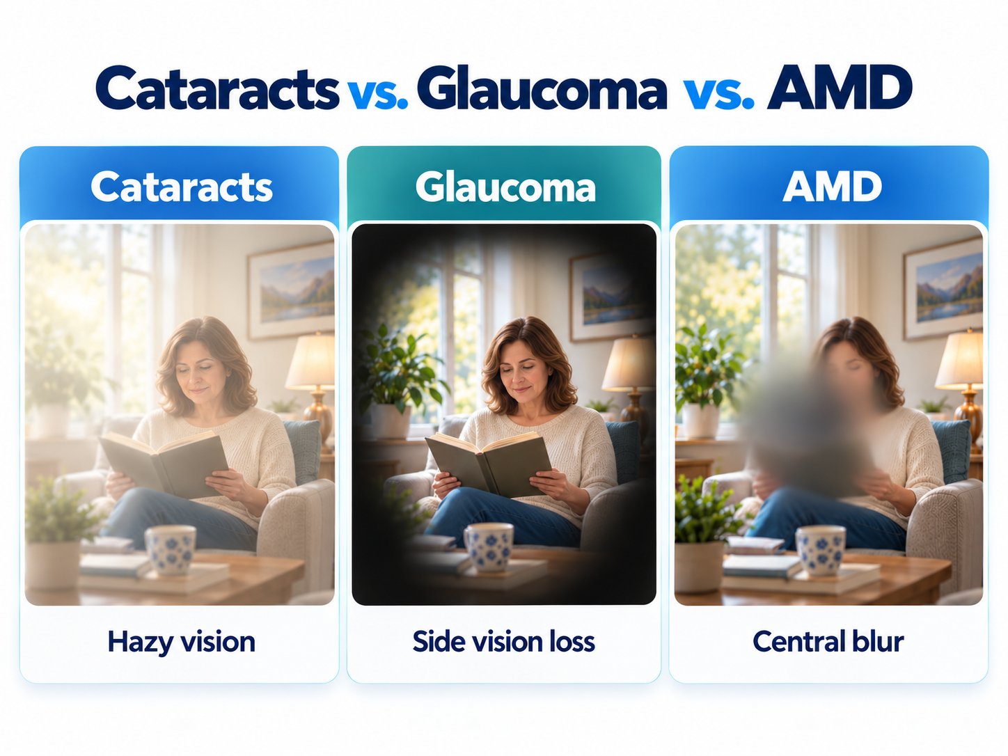 Cataracts, glaucoma and AMD compared by how each affects vision