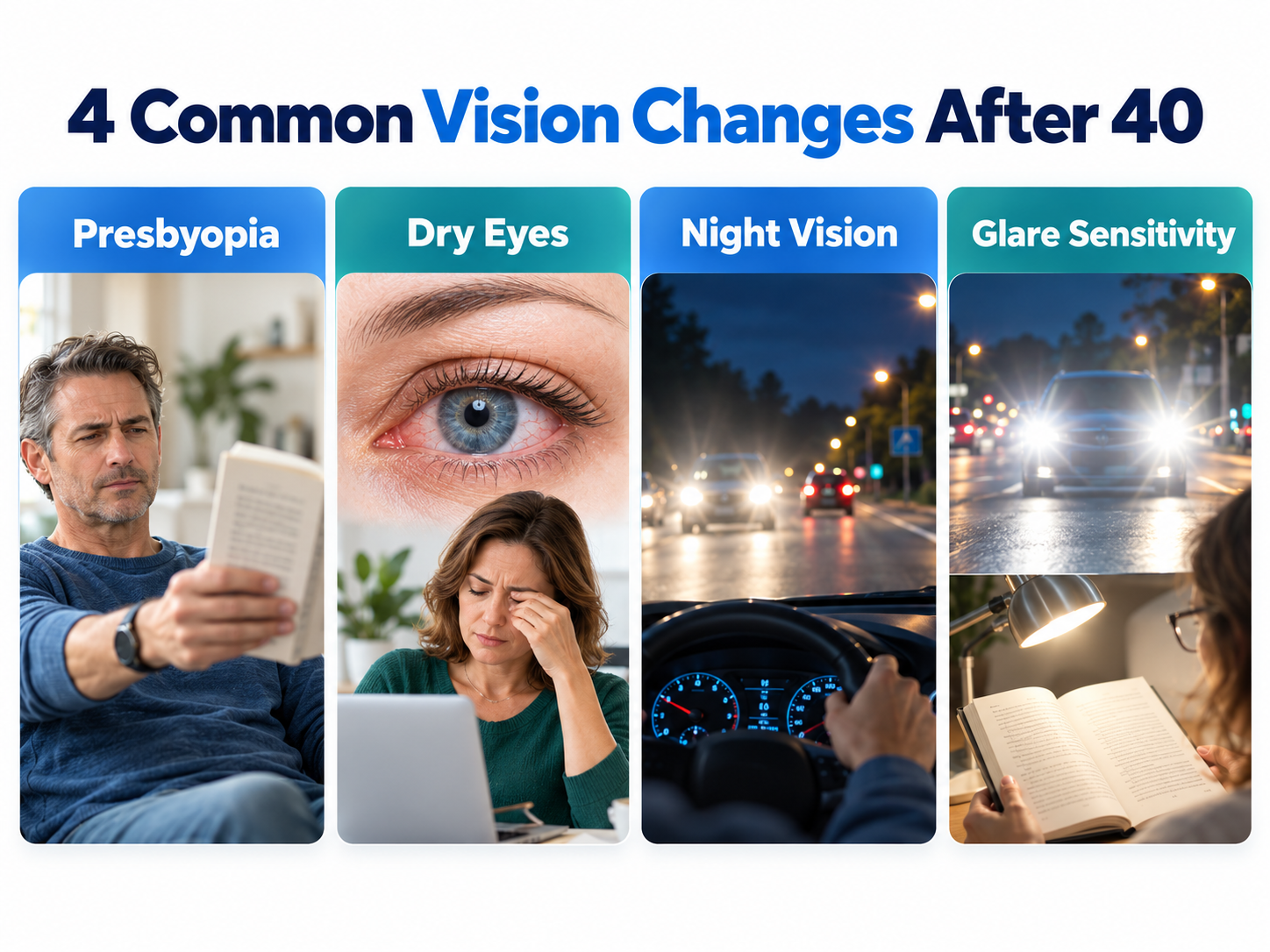 Four common vision changes after 40 including presbyopia, dry eyes, night vision and glare sensitivity