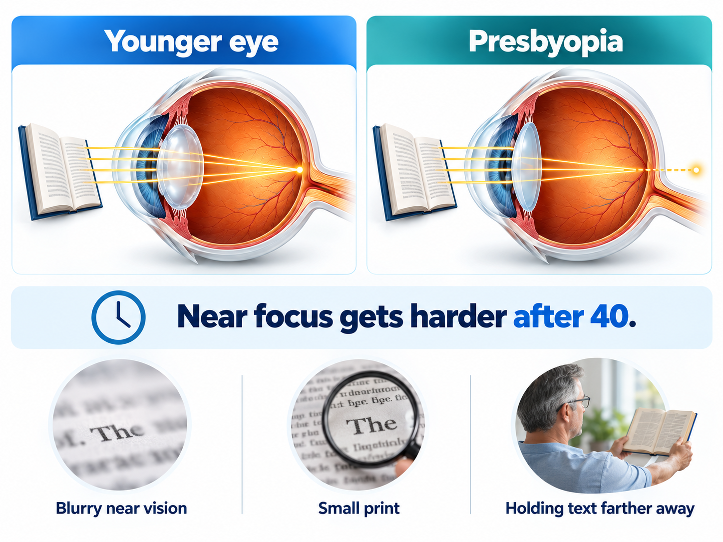 Younger eye compared with presbyopia, showing why near focus gets harder after 40