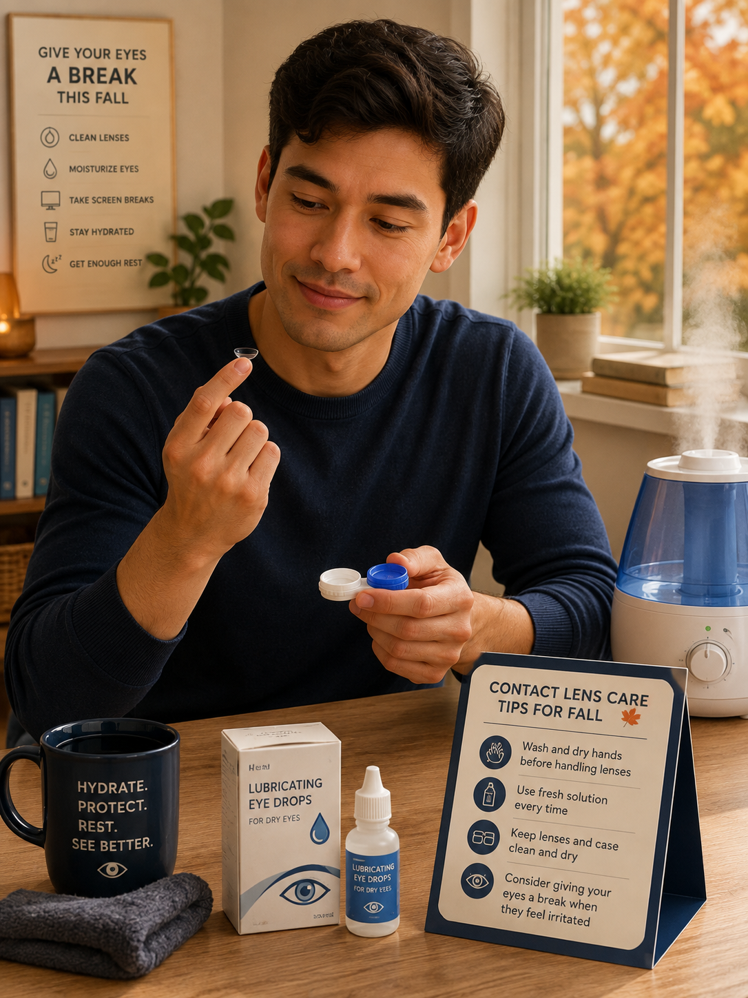 Man holding a contact lens beside a humidifier, eye drops, and fall contact lens care tips