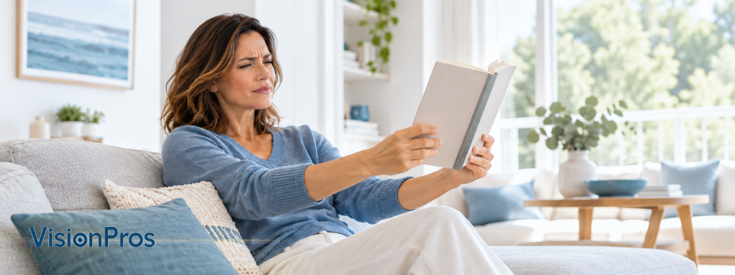 Woman in her 40s holding a book farther away while squinting due to difficulty focusing on near text