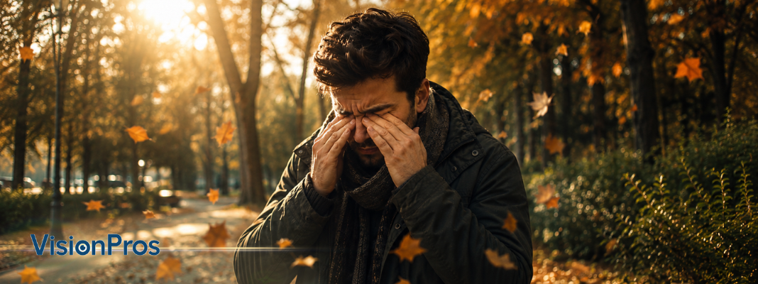 Man rubbing irritated eyes on a sunlit autumn path surrounded by falling leaves