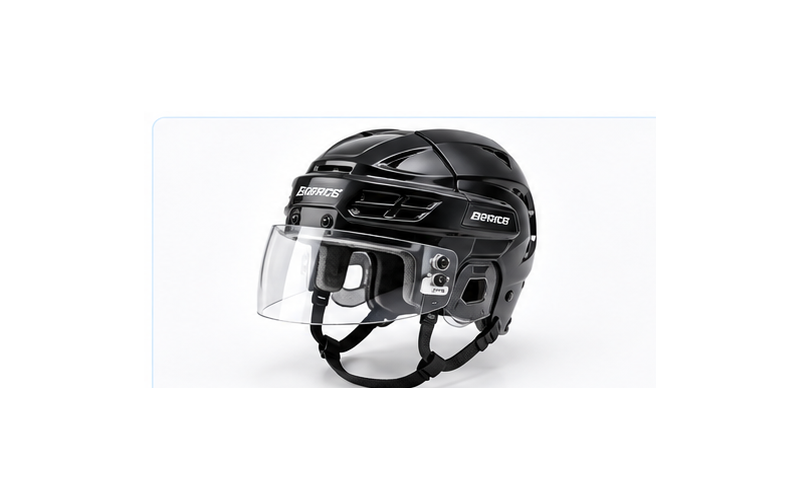 Black hockey helmet with clear protective visor