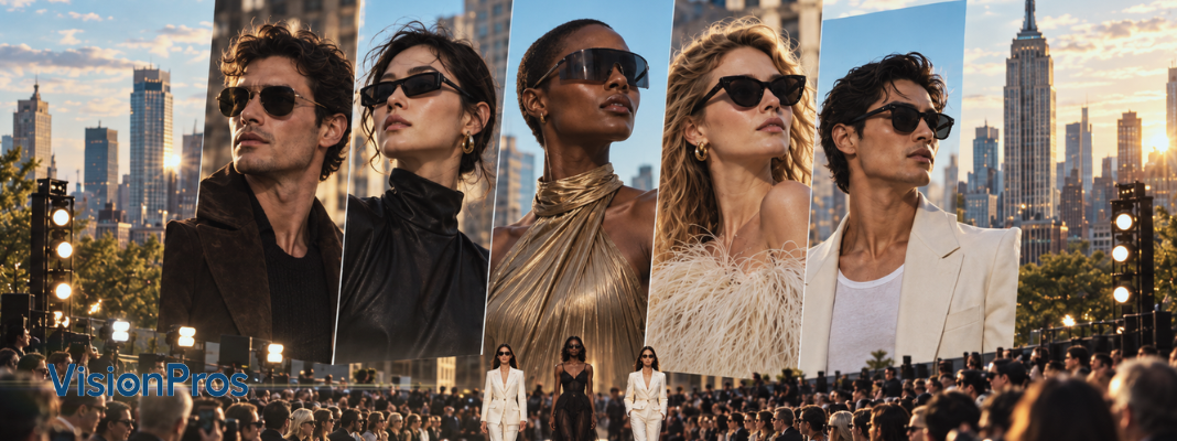 New York Fashion Week Spring/Summer 2027 sunglasses trends with fashion models in varied eyewear styles above a New York runway.