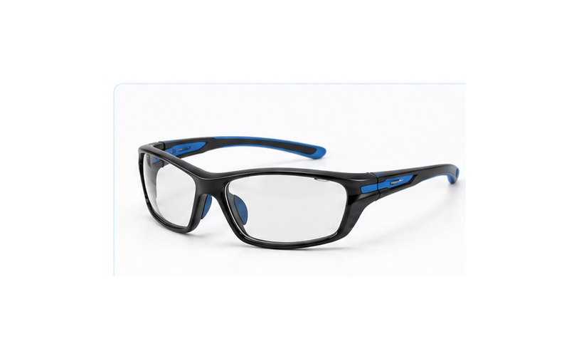 Black prescription sports eyewear with blue accents