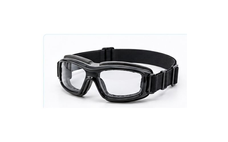Black protective sports goggles with adjustable strap