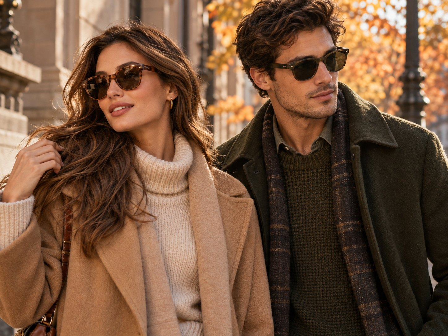 A woman and a man in camel and olive coats wearing tortoiseshell and dark sunglasses on an autumn street