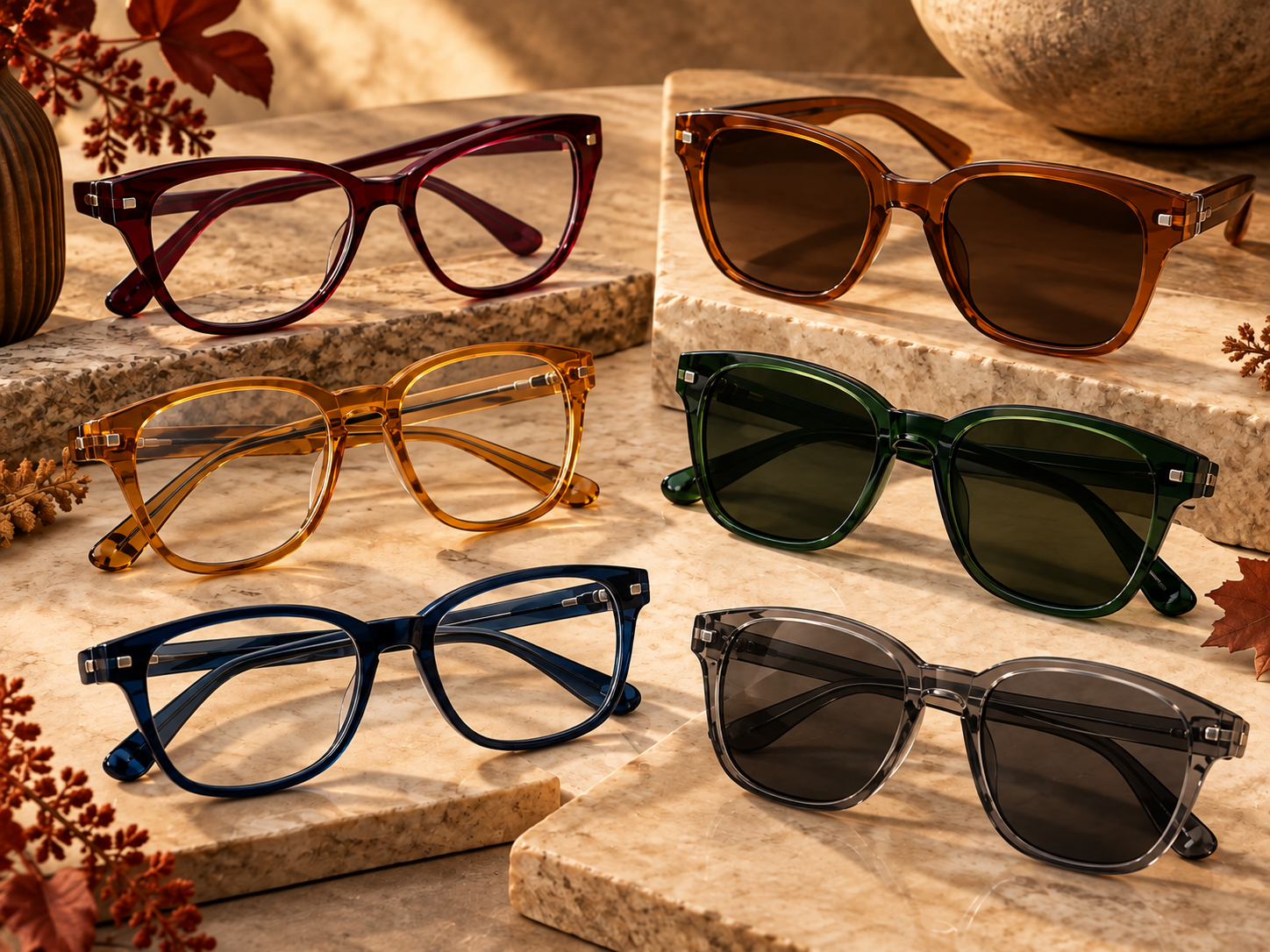 Six acetate frames in burgundy, amber, navy, cognac, forest green, and smoke gray on stone platforms