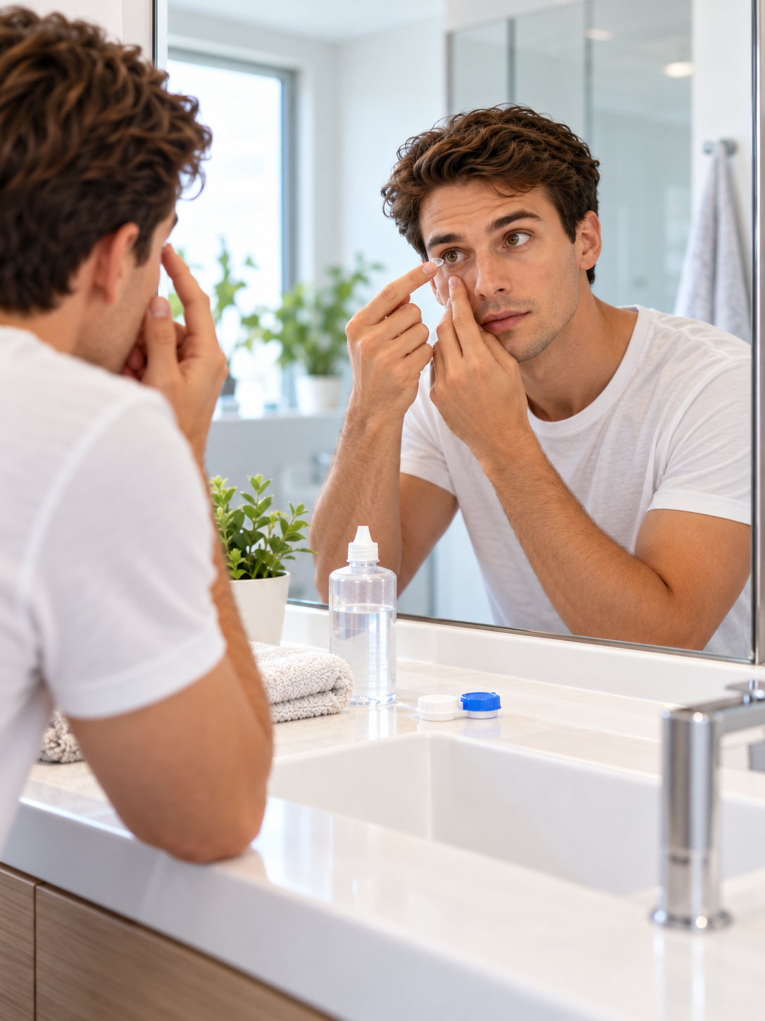 Man at a bathroom mirror handling a contact lens