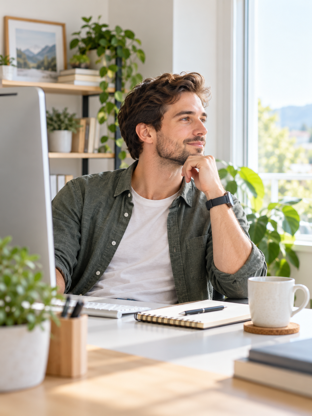 Man at a desk resting his eyes while working at a computer
