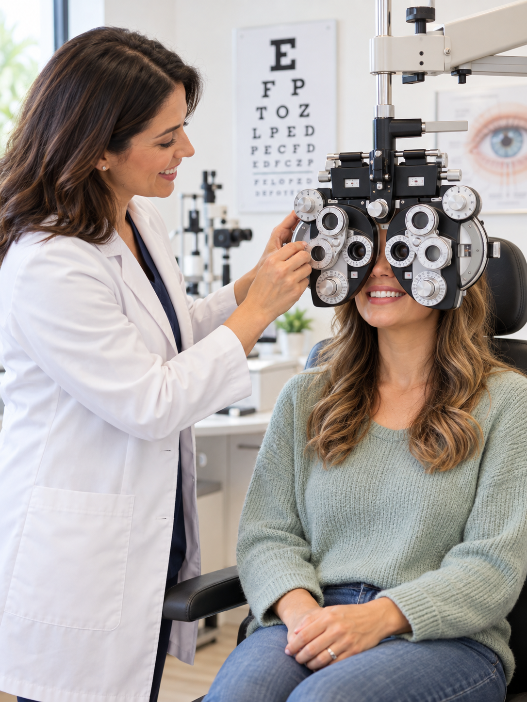 Eye doctor performing a vision exam on a patient with a phoropter